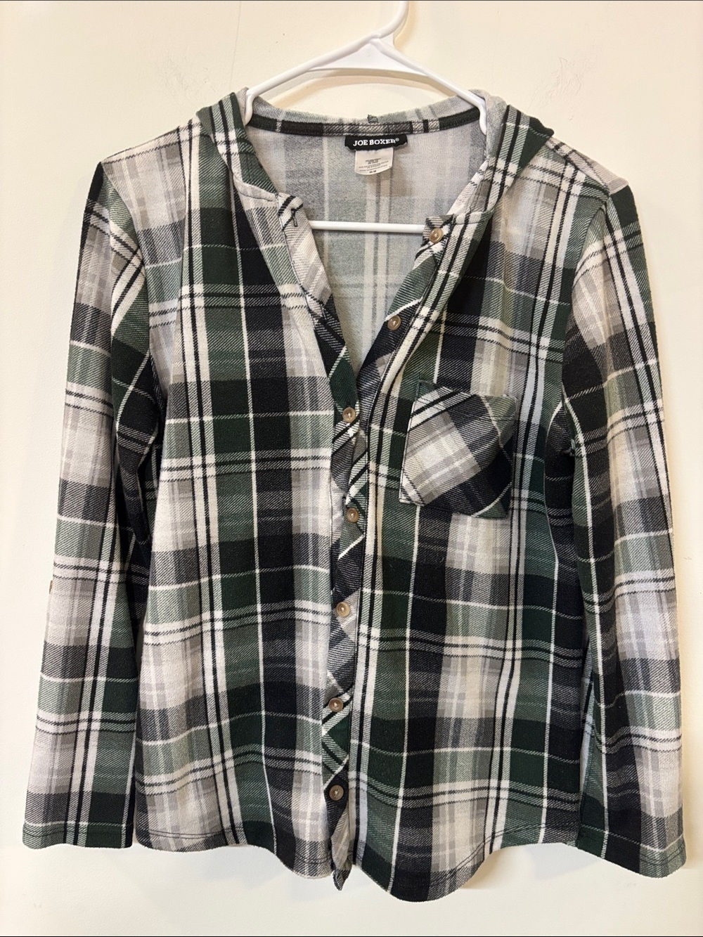 Joe Boxer Green and Black Plaid Hooded Button-Up Shirt